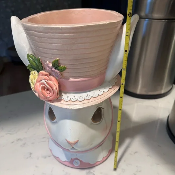 Pink and White Rabbit Planter with Floral Hat - Picture 4 of 5